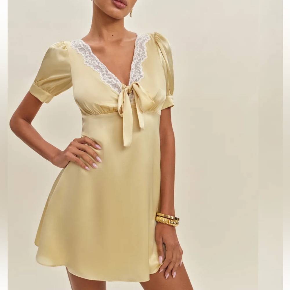 Reformation Avin Yellow Silk Dress with Lace Detail
